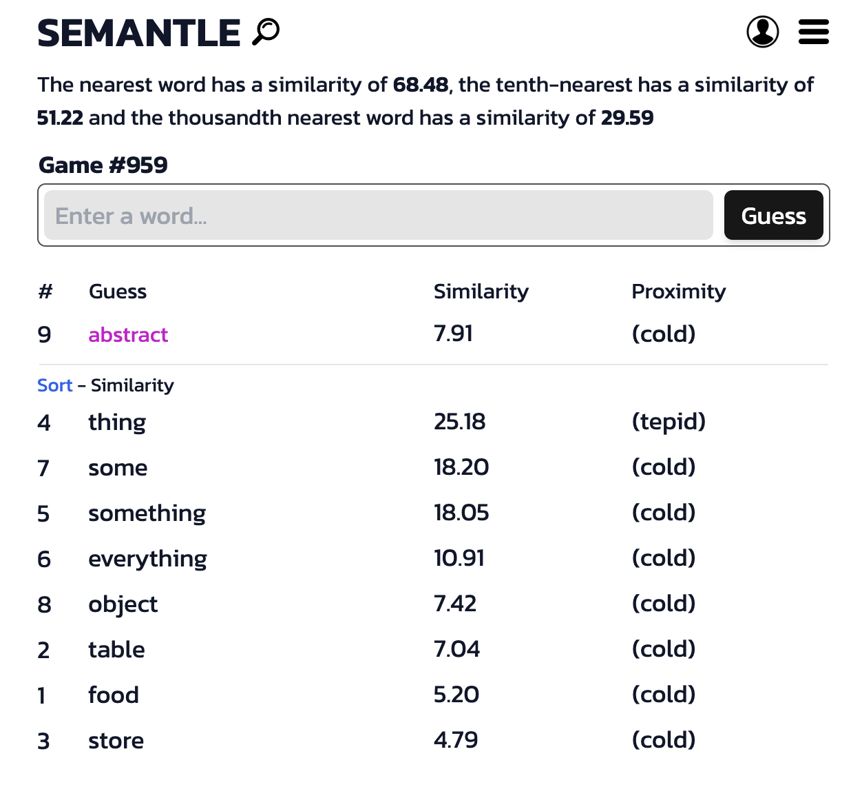 A Semantle game in action — more details about the gameplay below!